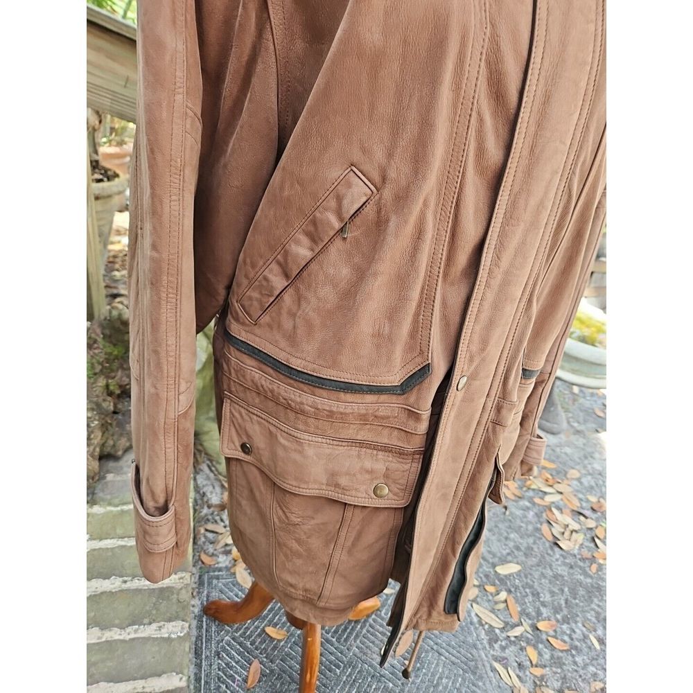 J. Park COUTURE Cognac Brown Leather Jacket PARKA Mid-Length VINTAGE Y2K - Picture 10 of 16